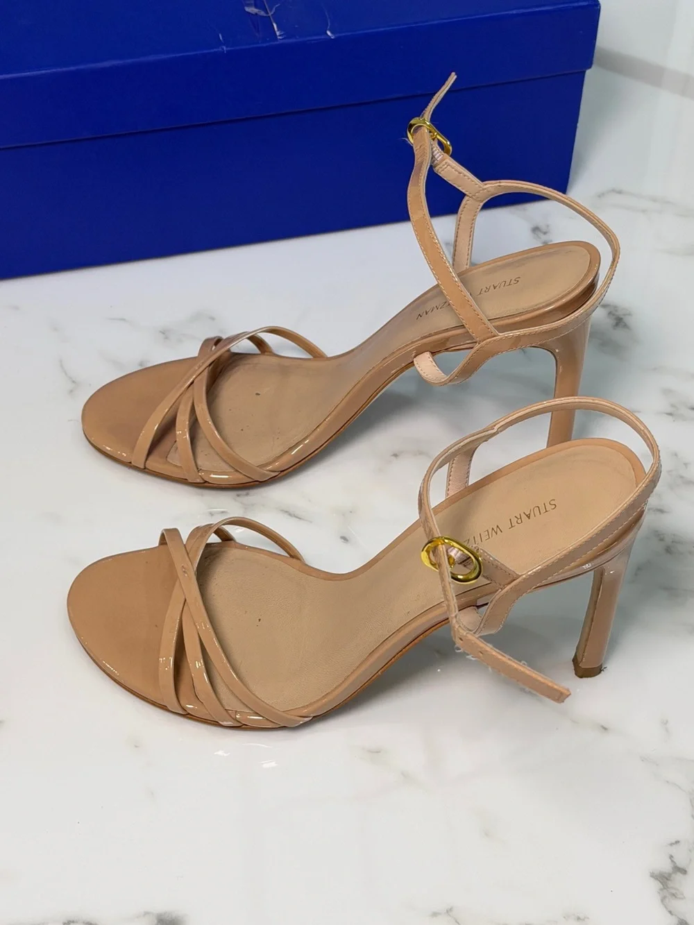 Stuart Weitzman Mykonos Braid Patent Nude Heels Size 7